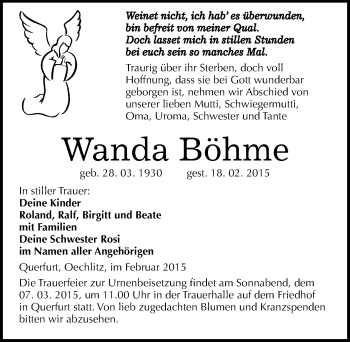 Traueranzeige von Wanda Böhme von Mitteldeutsche Zeitung Merseburg/Querfurt