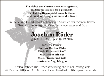 Traueranzeige von Joachim Röder von WVG - Wochenspiegel Dessau / Köthen