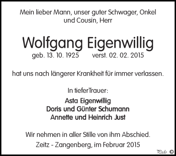 Traueranzeige von Wolfgang Eigenwillig von Super Sonntag Zeitz
