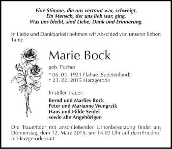 Traueranzeige von Marie Bock von Mitteldeutsche Zeitung Quedlinburg