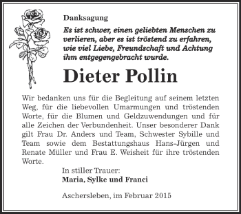 Traueranzeige von Dieter Pollin von Super Sonntag Aschersleben