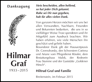 Traueranzeige von Hilmar Graf von WVG - Wochenspiegel Quedlinburg