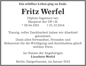 Traueranzeige von Fritz Werfel von Super Sonntag SGH Mansf. Land