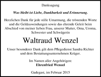 Traueranzeige von Waltraud Wenzel von Mitteldeutsche Zeitung Wittenberg