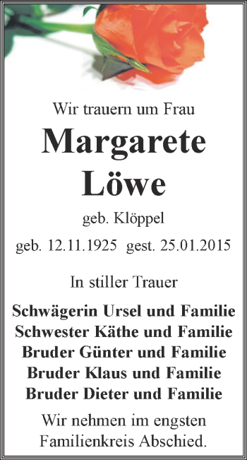 Traueranzeige von Margarete Löwe von Super Sonntag Zeitz
