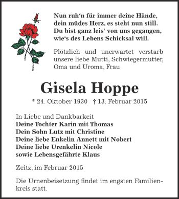 Traueranzeige von Gisela Hoppe von Super Sonntag Zeitz