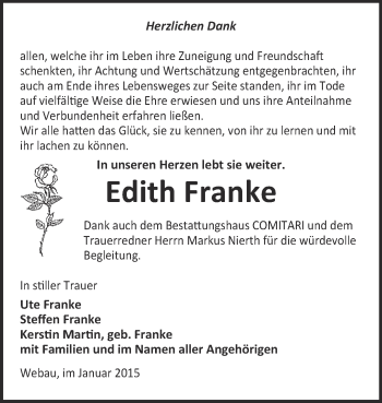 Traueranzeige von Edith Franke von WVG - Wochenspiegel NMB / WSF / ZTZ
