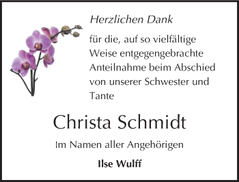 Traueranzeige von Christa Schmidt von Mitteldeutsche Zeitung Aschersleben