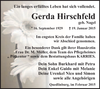 Traueranzeige von Gerda Hirschfeld von WVG - Wochenspiegel Quedlinburg