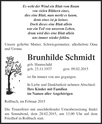 Traueranzeige von Brunhilde Schmidt von WVG - Wochenspiegel Merseburg