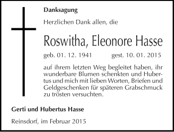 Traueranzeige von Roswitha Eleonore  Hasse von Mitteldeutsche Zeitung Wittenberg