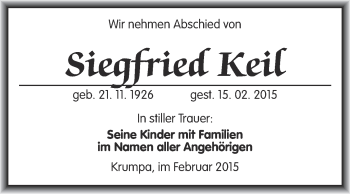 Traueranzeige von Siegfried Keil von WVG - Wochenspiegel Merseburg