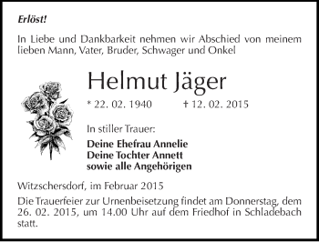 Traueranzeige von Helmut Jäger von Mitteldeutsche Zeitung Merseburg/Querfurt