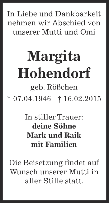 Traueranzeige von Margita Hohendorf von WVG - Wochenspiegel Dessau / Köthen