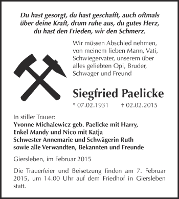 Traueranzeige von Siegfried Paelicke von Super Sonntag Aschersleben
