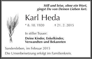 Traueranzeige von Karl Heda von Mitteldeutsche Zeitung Mansfelder Land