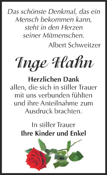 Traueranzeige von Inge Hahn von WVG - Wochenspiegel Dessau / Köthen