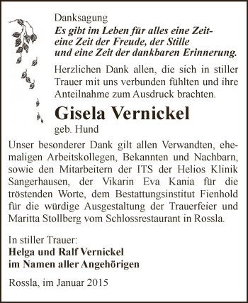 Traueranzeige von Gisela Vernickel von Super Sonntag SGH Mansf. Land