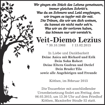 Traueranzeige von Veit-Diemo Lezius von WVG - Wochenspiegel Dessau / Köthen