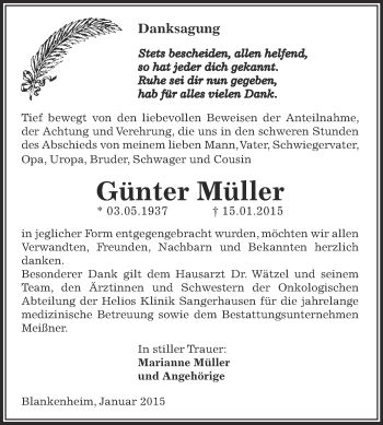 Traueranzeige von Günter Müller von Super Sonntag SGH Mansf. Land