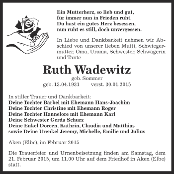 Traueranzeige von Ruth Wadewitz von WVG - Wochenspiegel Dessau / Köthen