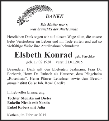 Traueranzeige von Elsbeth Konrad von WVG - Wochenspiegel Dessau / Köthen