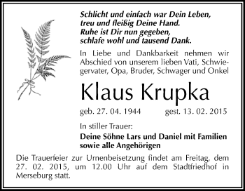Traueranzeige von Klaus Krupka von WVG - Wochenspiegel Merseburg