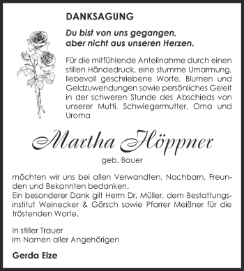 Traueranzeige von Martha Höppner von Super Sonntag Bernburg