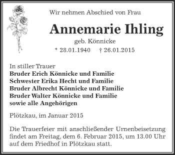 Traueranzeige von Annemarie Ihling von Super Sonntag Bernburg