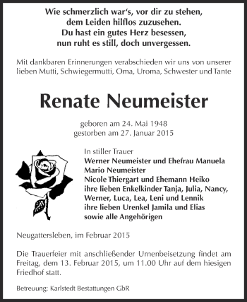 Traueranzeige von Renate Neumeister von Super Sonntag Bernburg