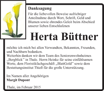 Traueranzeige von Herta Büttner von Mitteldeutsche Zeitung Quedlinburg