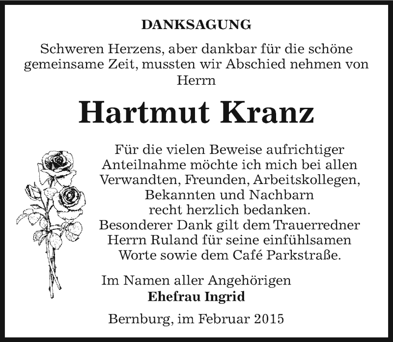  Traueranzeige für Hartmut Kranz vom 28.02.2015 aus Mitteldeutsche Zeitung Bernburg