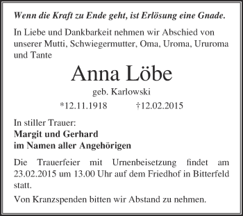 Traueranzeige von Anna Löbe von WVG - Wochenspiegel Bitterfeld