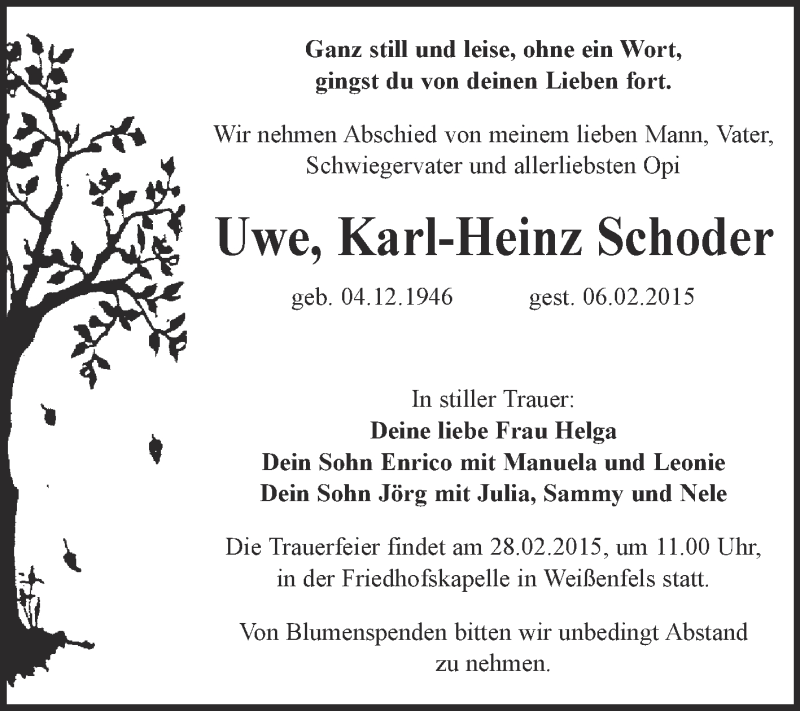  Traueranzeige für Uwe Karl-Heinz Schoder vom 18.02.2015 aus WVG - Wochenspiegel NMB / WSF / ZTZ