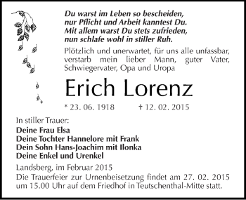 Traueranzeige von Erich Lorenz von Mitteldeutsche Zeitung Halle/Saalkreis