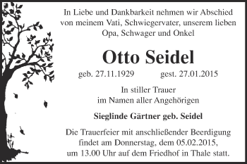 Traueranzeige von Otto Seidel von WVG - Wochenspiegel Quedlinburg