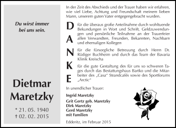 Traueranzeige von Dietmar Maretzky von WVG - Wochenspiegel Dessau / Köthen