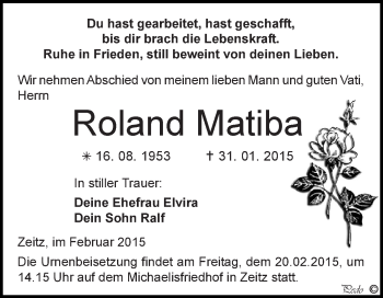 Traueranzeige von Roland Matiba von Super Sonntag Zeitz