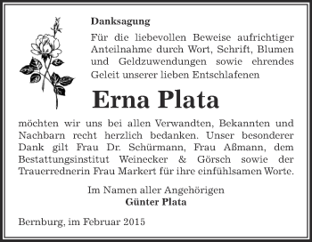 Traueranzeige von Erna Plata von Super Sonntag Bernburg