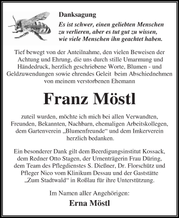 Traueranzeige von Franz Möstl von WVG - Wochenspiegel Dessau / Köthen