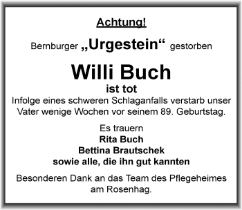 Traueranzeige von Willi Buch von Mitteldeutsche Zeitung Bernburg