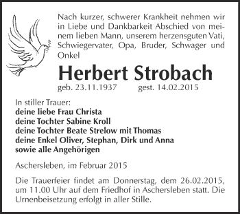 Traueranzeige von Herbert Strobach von Super Sonntag Aschersleben
