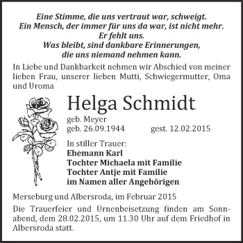 Traueranzeige von Helga Schmidt von WVG - Wochenspiegel Merseburg