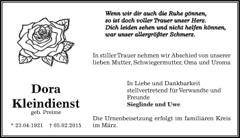 Traueranzeige von Dora Kleindienst von Mitteldeutsche Zeitung Bernburg