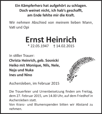 Traueranzeige von Ernst Heinrich von Super Sonntag Aschersleben