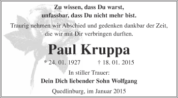 Traueranzeige von Paul Kruppa von WVG - Wochenspiegel Quedlinburg