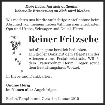 Traueranzeige von Reiner Fritzsche von Super Sonntag Zeitz