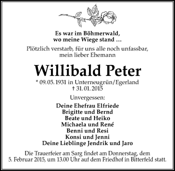 Traueranzeige von Willibald Peter von Mitteldeutsche Zeitung Bitterfeld