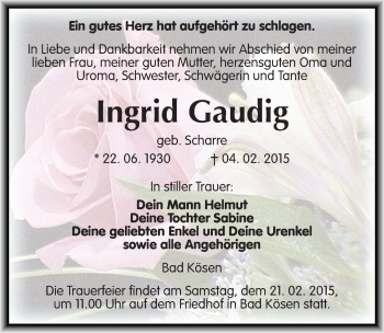Traueranzeige von Ingrid Gaudig von Mitteldeutsche Zeitung Naumburg/Nebra