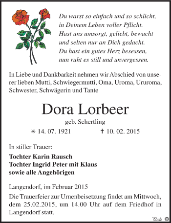 Traueranzeige von Dora Lorbeer von Mitteldeutsche Zeitung Weißenfels